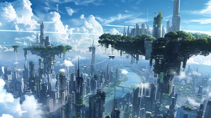 A futuristic cityscape with floating buildings.