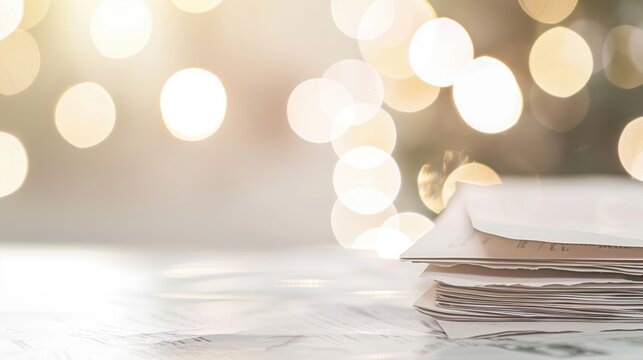 Pale flyers for academic advising rest on a desk, softly illuminated by a blurred bokeh background
