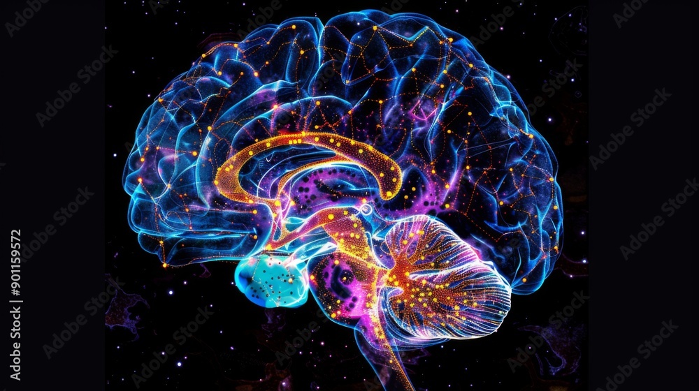 Aufkleber A high-resolution image of the human brain with highlighted regions, illustrating different functions and areas.