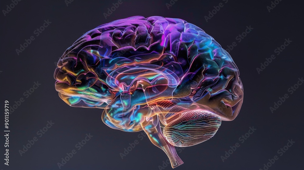 Aufkleber A high-resolution image of the human brain with highlighted regions, illustrating different functions and areas.