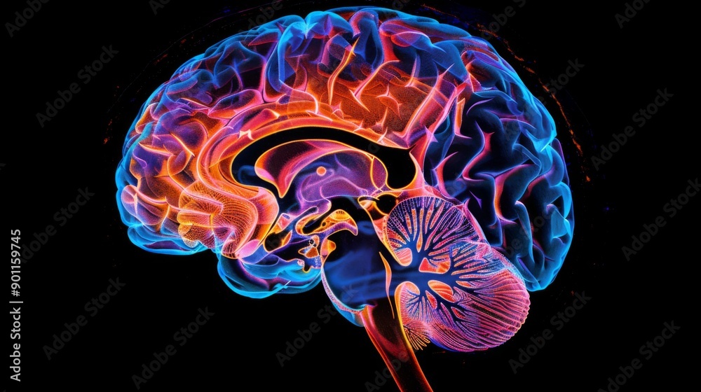 Aufkleber A high-resolution image of the human brain with highlighted regions, illustrating different functions and areas.