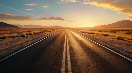 Fototapeta premium A long empty road in the middle of a desert at sunset