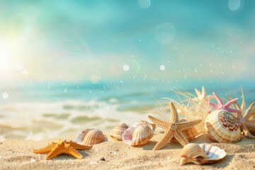 A tranquil shoreline with colorful seashells and a starfish at sunset