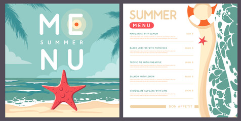 Vintage summer menu design with top view ocean waves, sand beach and palm leaves. Vector illustration © annbozhko