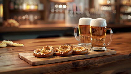 Fototapeta premium Two mugs of frothy beer and freshly baked pretzels on a wooden board in a cozy pub setting with blurred background.