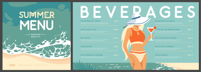 Retro flat summer cocktail menu design with beautiful girl in swimsuit on tropic beach  background. Vector illustration © annbozhko