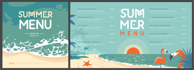 Retro summer menu design with top view ocean waves, sand, beach and flamingo. Vector illustration © annbozhko