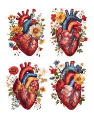 Naklejka premium Blossom heart cartoon vector ideas. Cardiac botanic circulatory bloodstream vessel physique organ stalk bloom foliage flora human love shape emblem plant isolated artworks on white backdrop