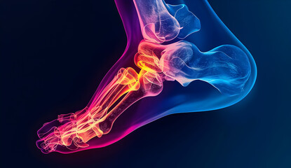 Obraz premium X-ray image of a human foot highlighting bones in vibrant colors against a dark background. Medical illustration, anatomy, and healthcare concept.