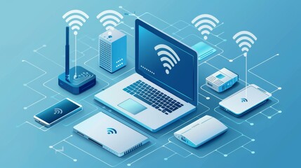 A home office setup with a wireless router, laptop, and other connected devices, highlighting a seamless wireless network.