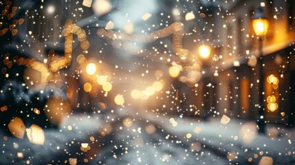 Naklejka premium Gentle snowfall blankets a serene street, with soft lights glowing warmly amidst the flurries