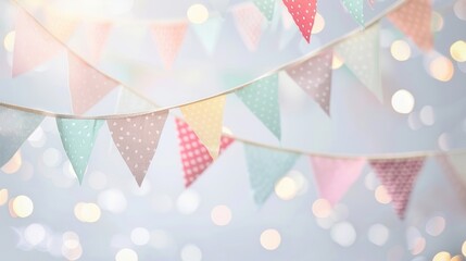 Delicate pastel bunting hangs gracefully with a soft bokeh backdrop, adding charm to festive gatherings
