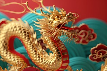 Fototapeta premium Golden Dragon with Red Accents Against a Teal and Red Background