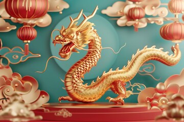 Obraz premium Golden Dragon with Red Lanterns and Clouds