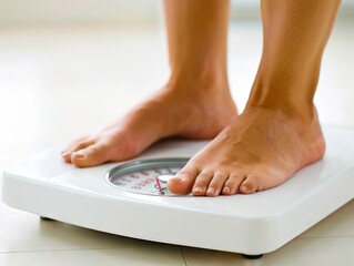 A person standing on a bathroom scale with their feet on the scale