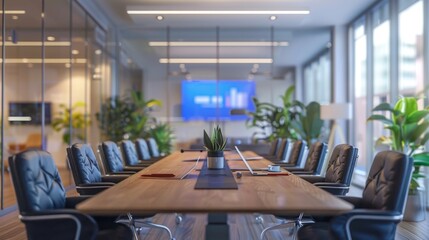 A modern conference room with a wireless presentation system and multiple devices connected for a seamless meeting experience.