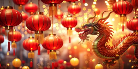 A festive Chinese New Year banner with red lanterns and dragon decorations in the background
