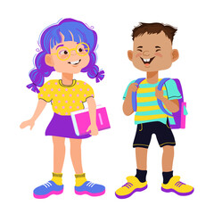 Cute little schoolchildren standing ready to go back to school with a backpack and book. Two happy kids together. Diverse cartoon children students with books and school bags. Vector illustration.