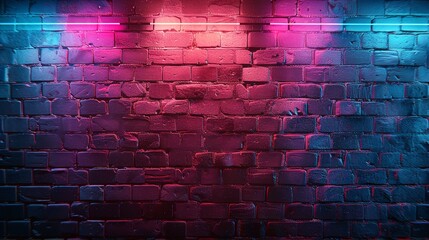 Neon lights in red and blue illuminate a brick wall, empty room interior with wooden floor, ideal for product display.