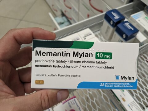 Prague, Czech Republic - July 9 2024: MEMANTIN MYLAN tablets with MEMANTINE active substance by MYLAN, used for Alzheimer's disease and dementia.
