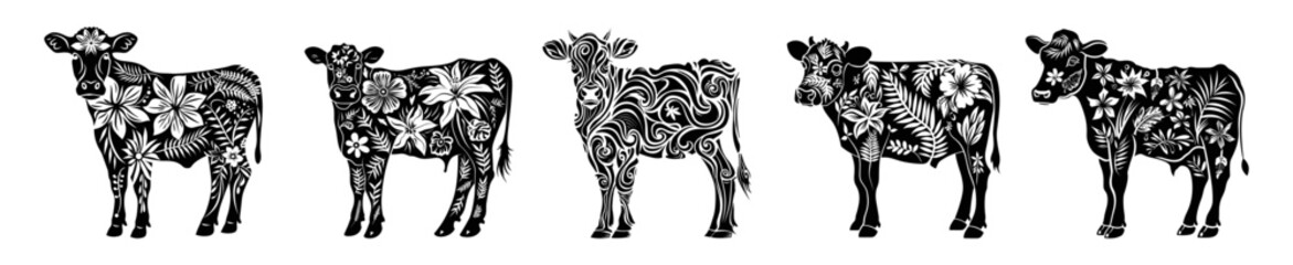 Fototapeta premium Cattle black ink vector artworks. Bull creature ranch horned hoofed dairy hide herbivorous botanical sacred grass grazing leaf stalk silhouettes ornamental animal, isolated illustrations