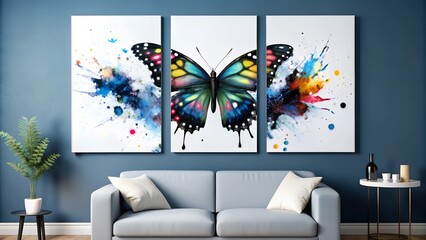 Set of Three Vibrant Butterfly Abstract Wall Art Panels with Colorful Splashes - Perfect for Home Decor