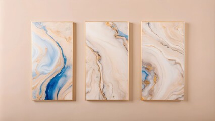 Set of Three Abstract Marbled Ink Wall Art Panels - Blue and Gold Colors