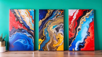 Set of Three Abstract Marbled Ink Wall Art Panels - Blue and Gold Colors