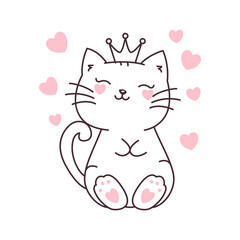 Cute Love Pet Cat Cartoon Character Wearing Crown with Smiling Expression Vector Illustration