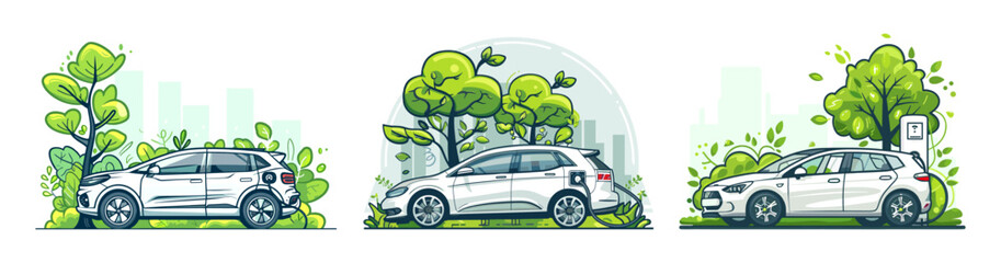 Charging vehicles urban spot outline vector artworks. Verdant park hybrid trees city skyline eco friendly power forthcoming automobiles energy isolated illustrations