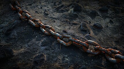 An aged metal link rests on the floor.