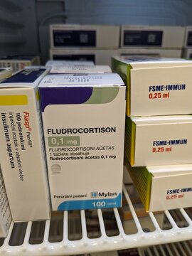 Prague, Czech Republic - July 13, 2024: FLUDROCORTISON MYLAN tablets with FLUDROCORTISONE active substance by MYLAN, used for adrenal insufficiency management.