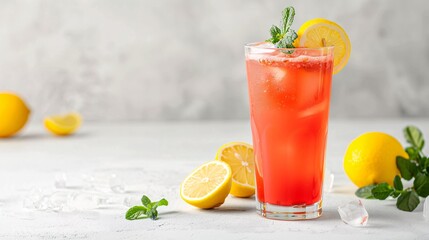 Fototapeta premium Refreshing watermelon lemonade served in a clear glass.