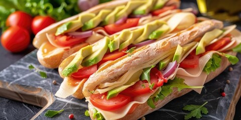Delicious sub sandwich with fresh vegetables, meats, and herbs displayed on a dark stone surface, perfect for food lovers.