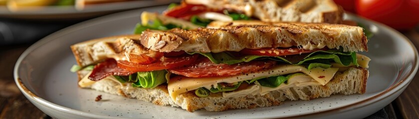 Delicious sandwich stacked with fresh ingredients including lettuce, tomato, and layered meats, served on toasted bread.