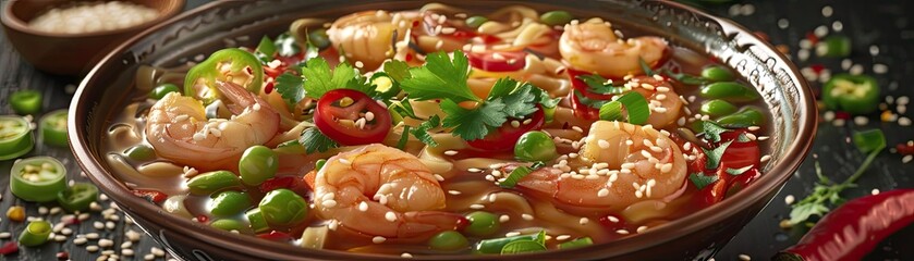 A vibrant bowl of shrimp dish garnished with fresh herbs, chili, and sesame seeds, perfect for culinary inspiration.