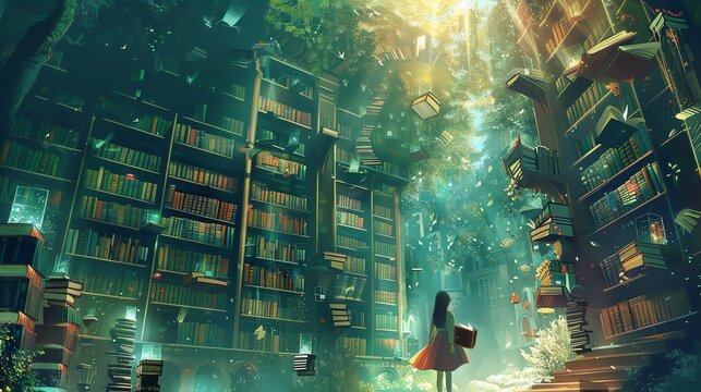 A magical library in a forest setting.