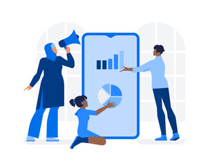 Three female marketers are working on Digital Marketing