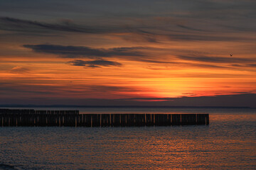 Fototapeta premium View of sand beach with wooden breakwaters on the Baltic Sea coast on sunset in Zelenogradsk. Russia