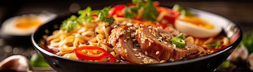 Delicious Asian noodle dish garnished with fresh vegetables, herbs, and a savory protein, perfect for food lovers and chefs.