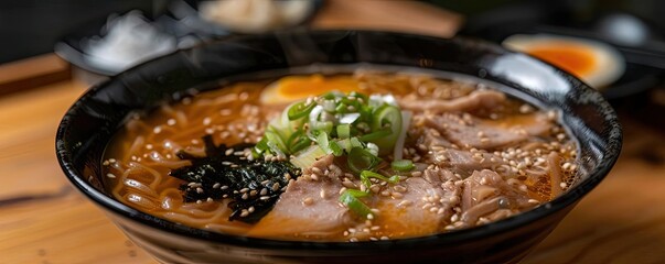 A delicious bowl of ramen topped with tender pork, green onion, seaweed, and sesame seeds, perfect for food lovers and culinary enthusiasts.