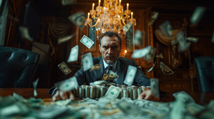 Obraz premium Shocked, a man in an office is surrounded by falling money.