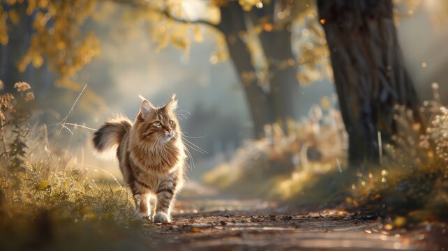 Maine Coon cat strolling along a scenic forest trail, surrounded by towering trees and dappled sunlight.