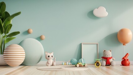 Sable cat interacting with playful toys in a bright, contemporary playroom, with modern furnishings and cheerful colors.