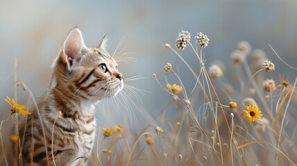 Playful Bengal cat leaping through tall grass in a sunlit meadow, with vibrant wildflowers swaying in the breeze.