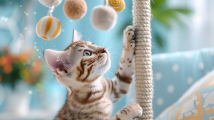 Obraz premium Bengal cat playfully interacting with hanging toys in a vibrant, contemporary playroom filled with fun and colorful designs.