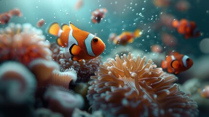 Clownfish navigating through dense cluster of colorful corals and sponges.