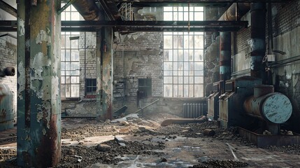 Fototapeta premium Remnants of a severely contaminated manufacturing plant from an industrial era.