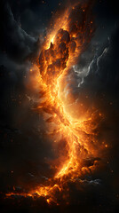 Naklejka premium A fiery nebula stretches across a dark, starry sky, resembling a blazing comet or celestial dragon.