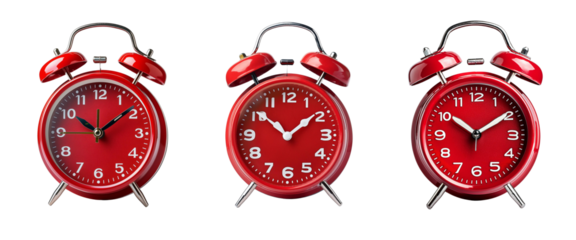 Three Red Vintage Alarm Clocks Displaying Different Times on a Transparent Background